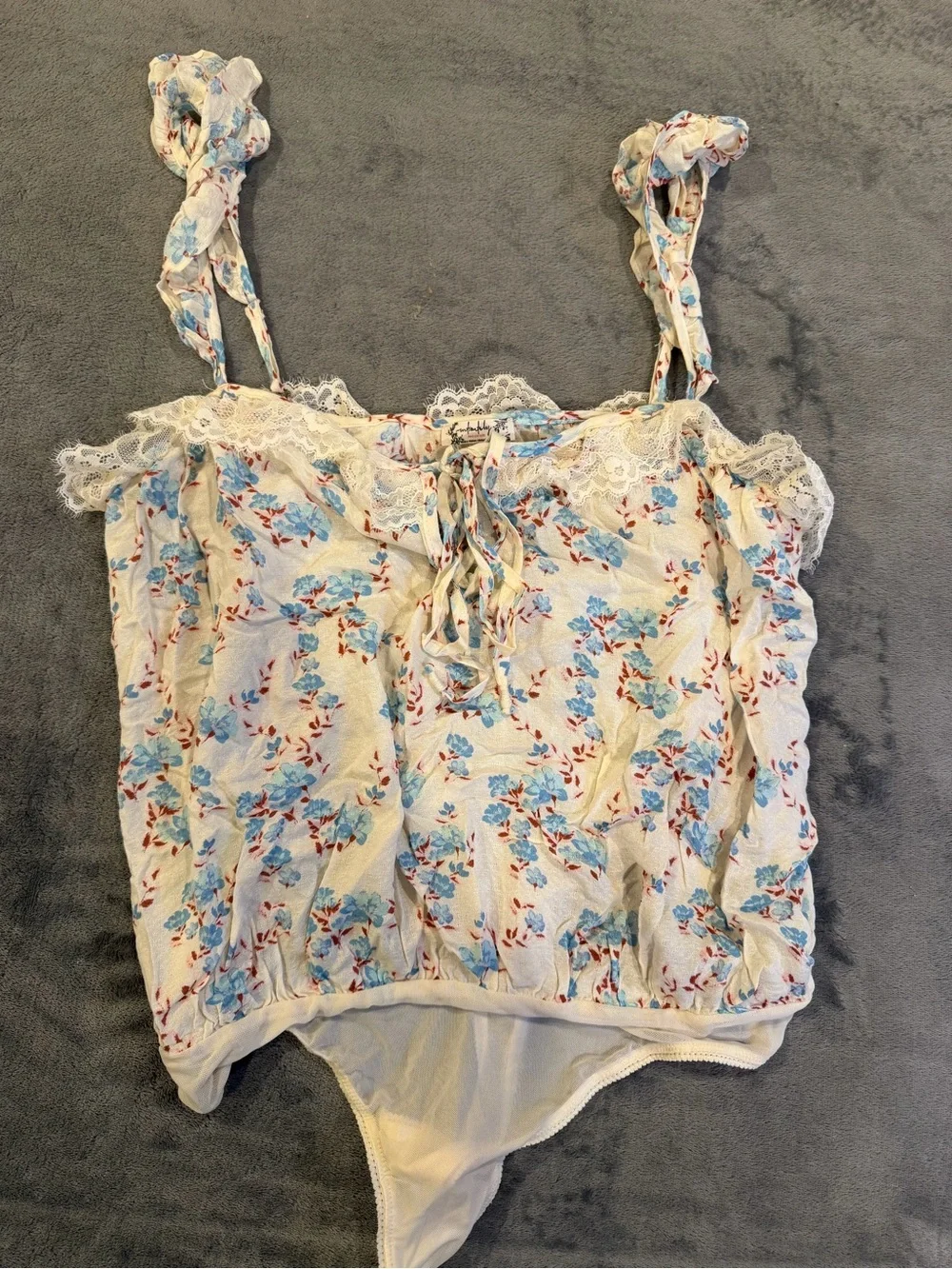 Free People White Floral Lace-Trim Bodysuit Tank with Blue Print